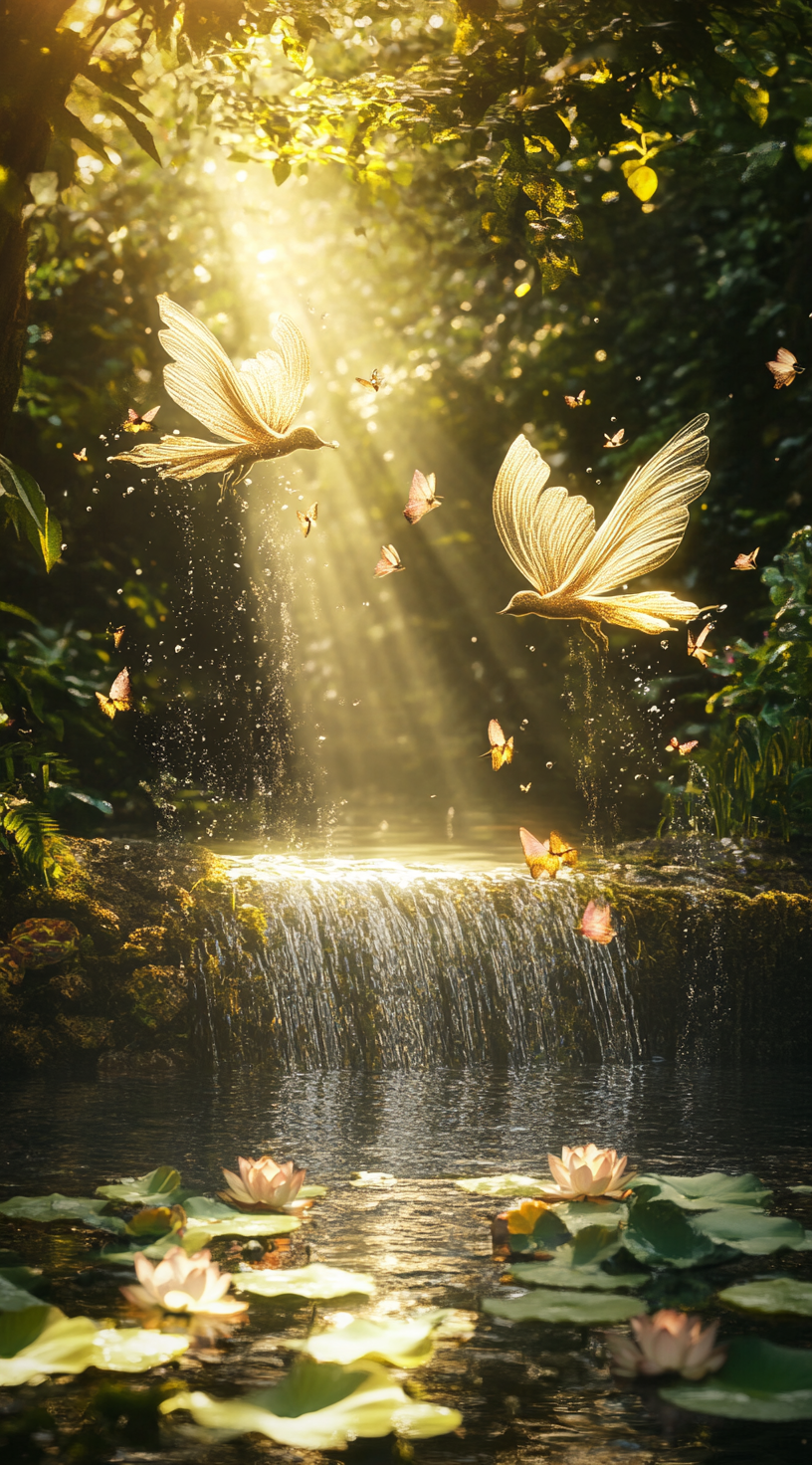 Fairies fly over waterfall in magical forest