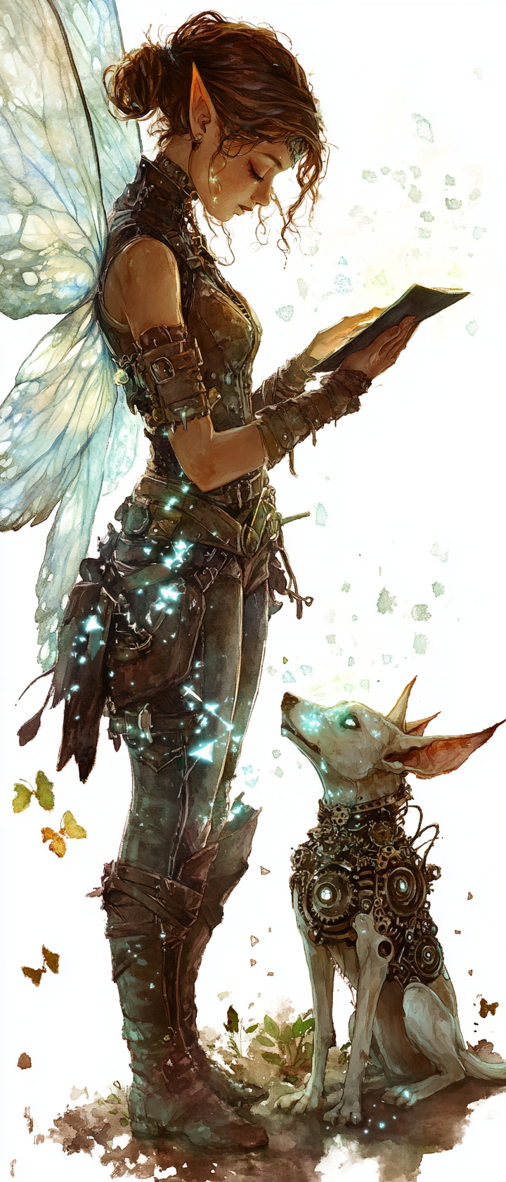 Fairy tinker with wings inscribes runes on dog.