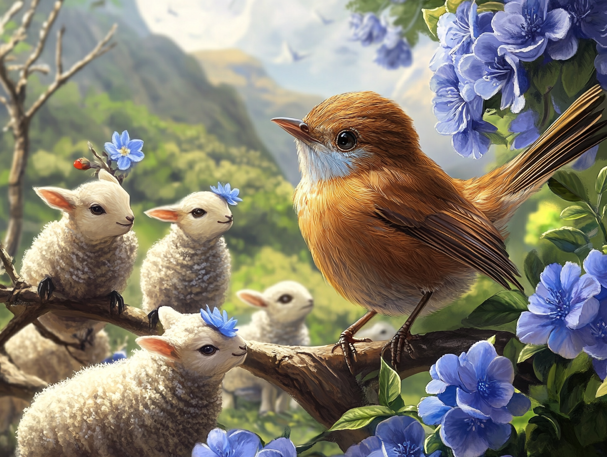 Fairy wrens and lambs in serene scene