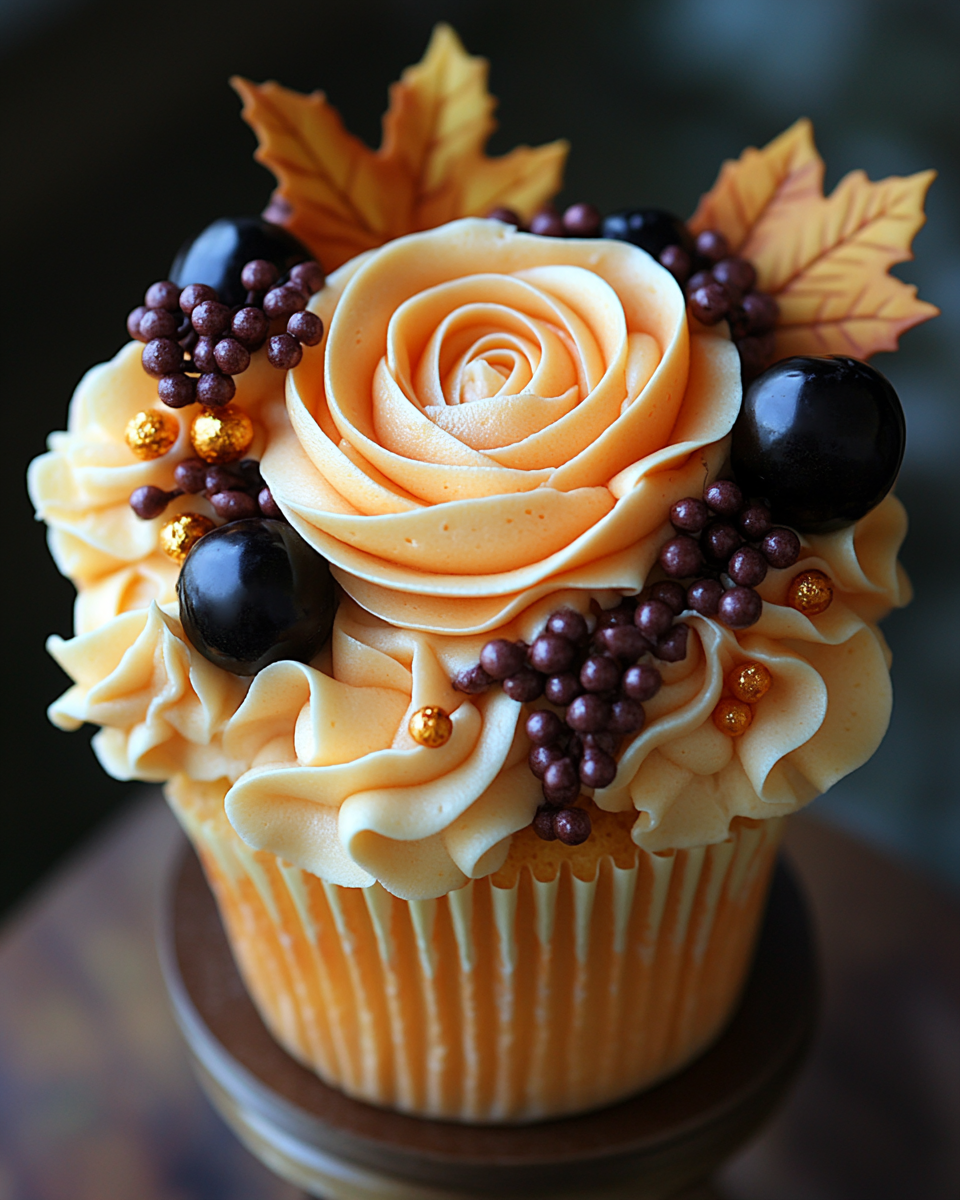 Fall-themed dessert table with fancy treats