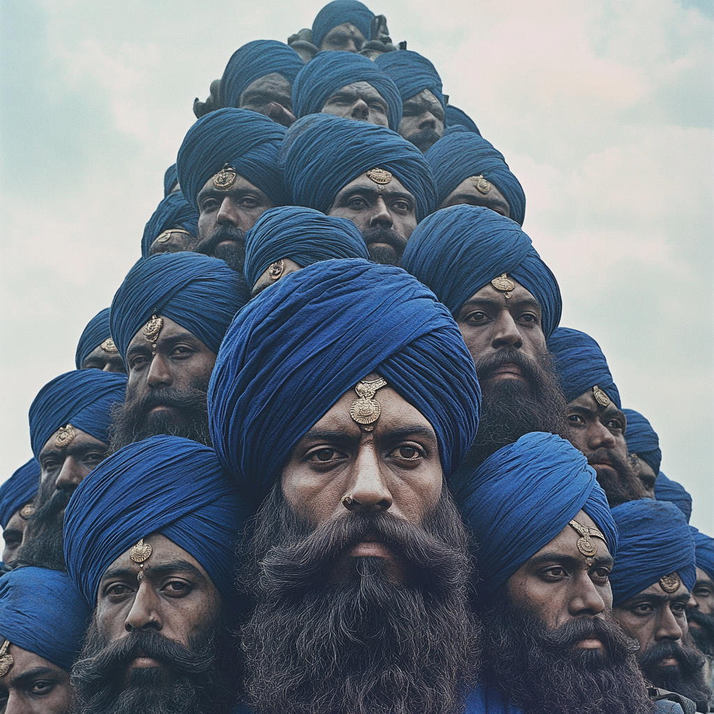 Fallen Sikh warriors' heads in blue turbans, Punjab 1762