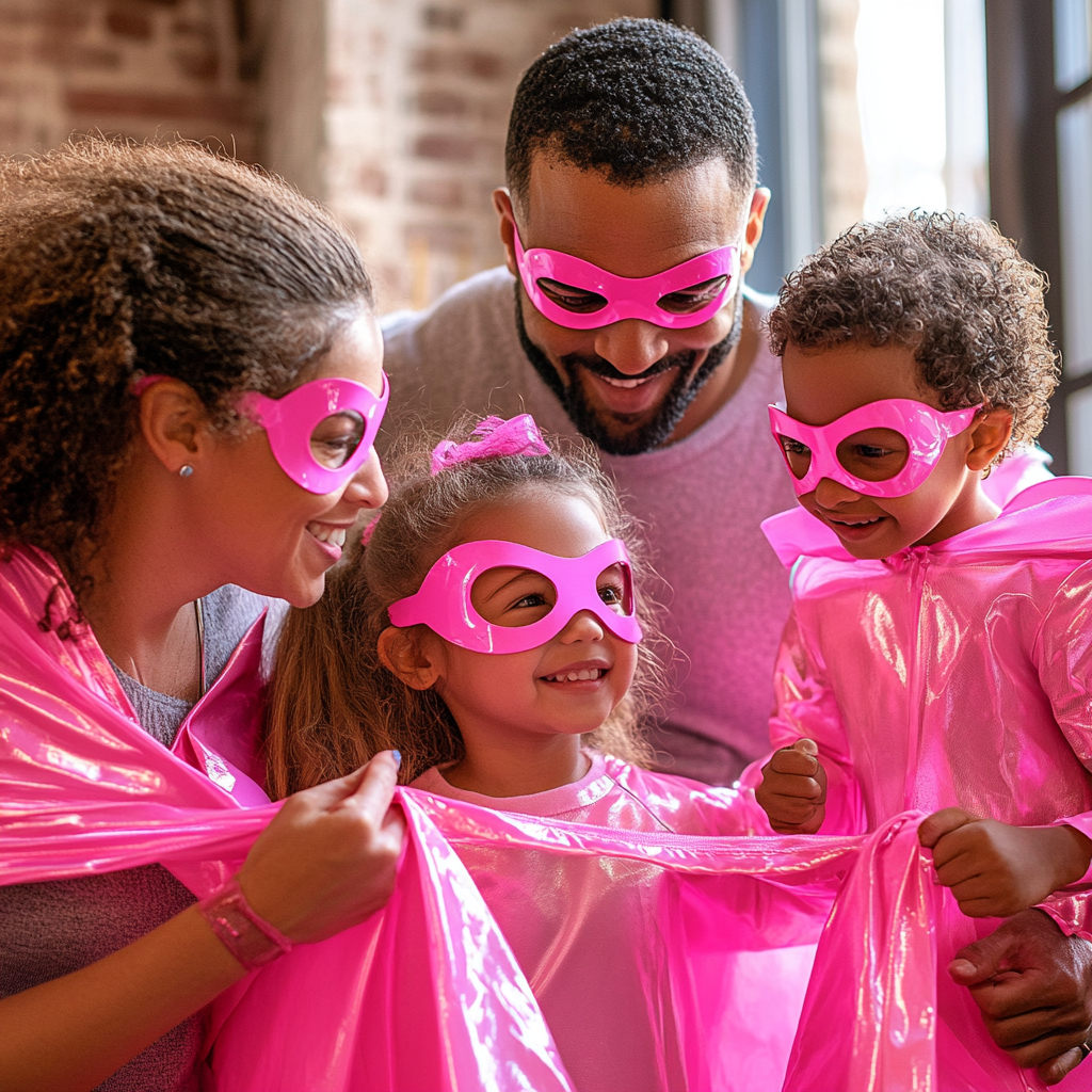 Families have fun playing superheroes with pink costumes.