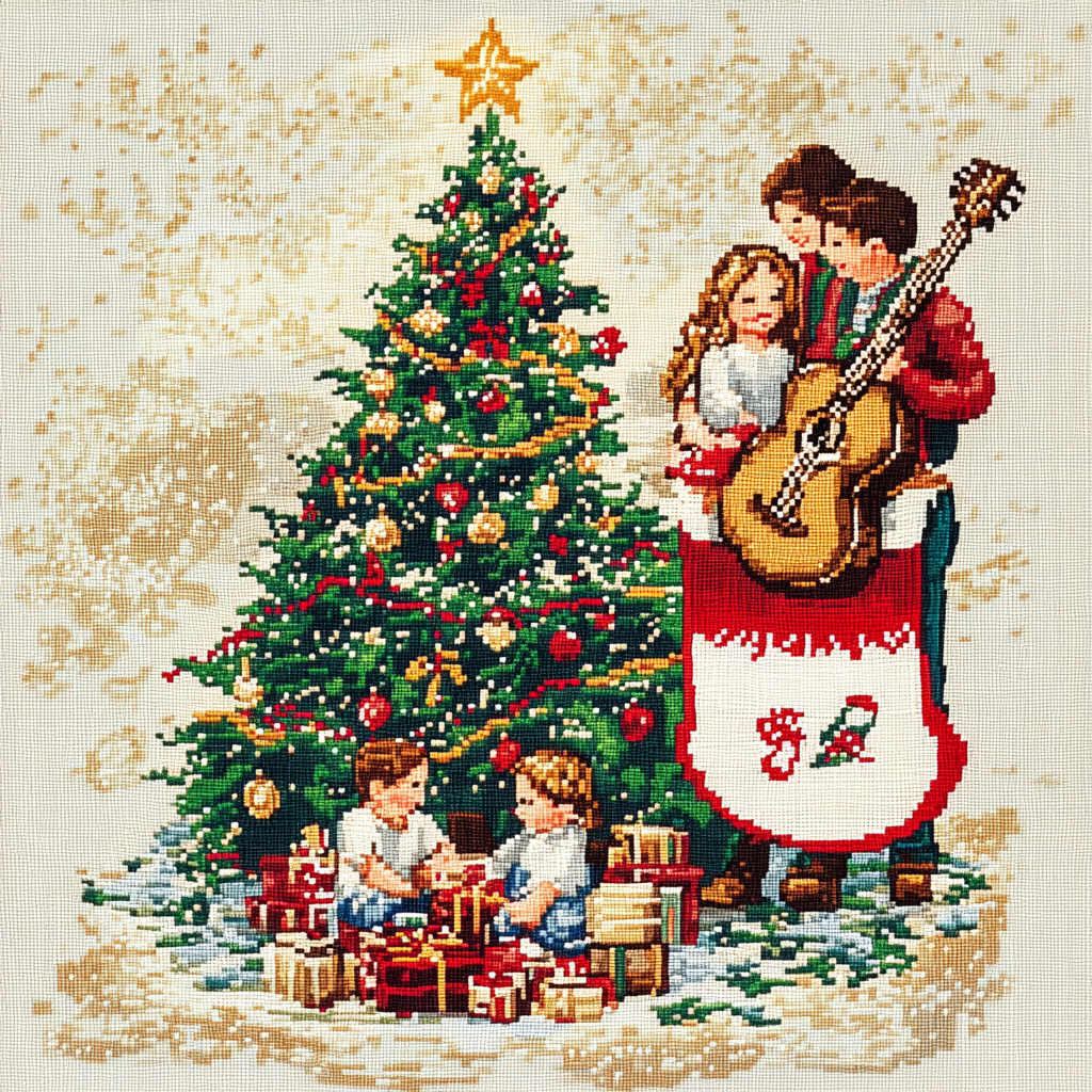 Family Christmas scene with stocking, kids, parents, guitar