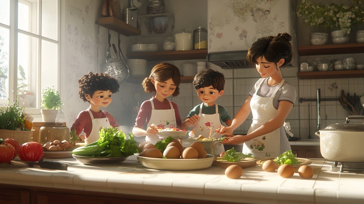 Family Cooking Together in a Bright Kitchen