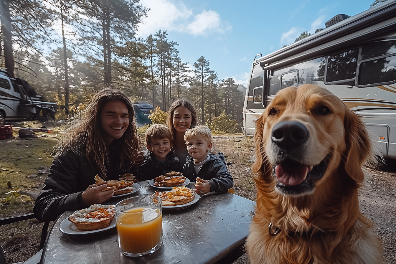 Family enjoying breakfast in front of RV at 10am.