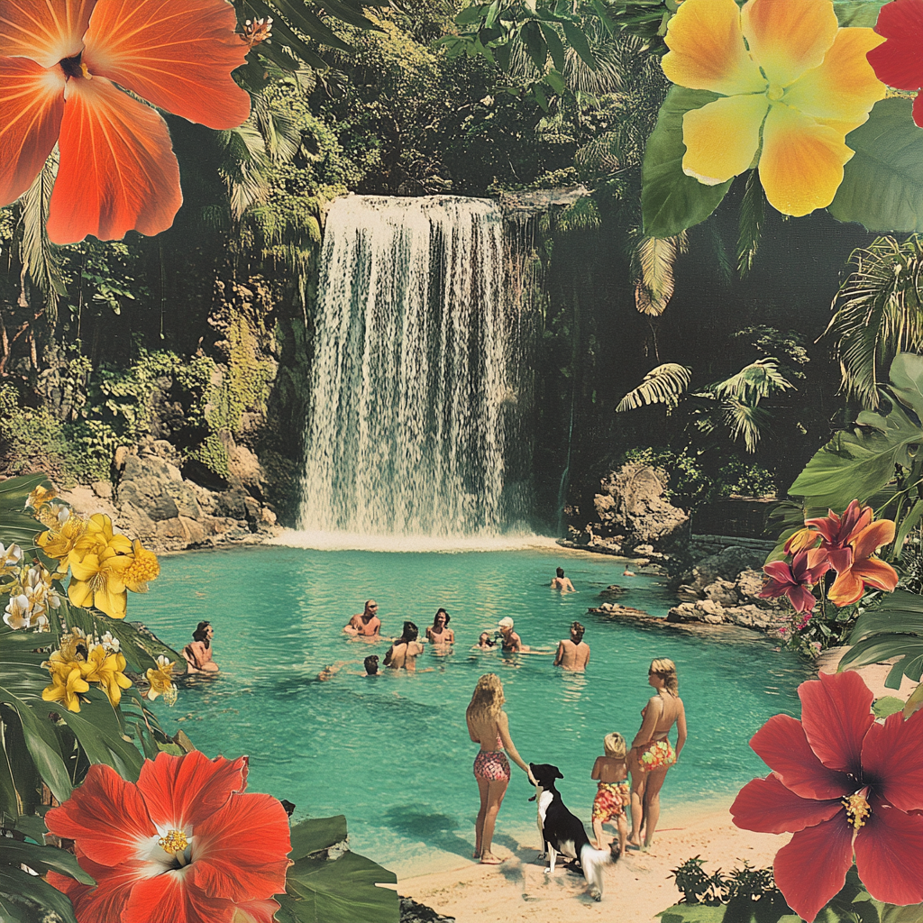 Family enjoys tropical pool with waterfall, pets by flowers