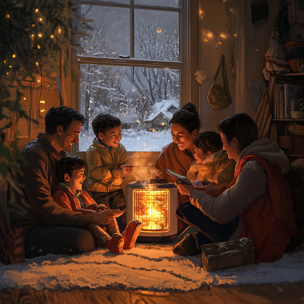 Family enjoys warmth and stories by heater