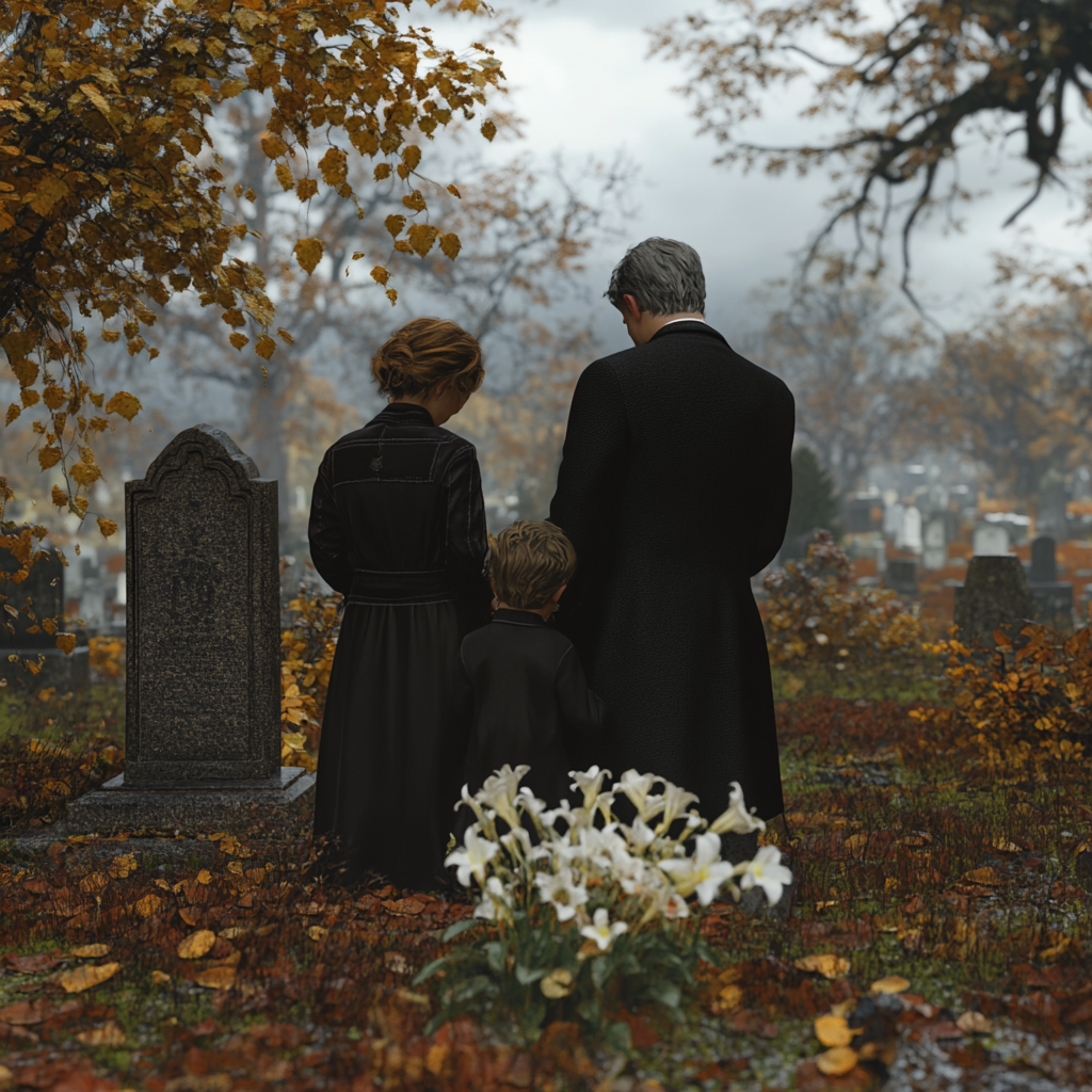 Family grieving at cemetery, realistic detail, somber atmosphere.