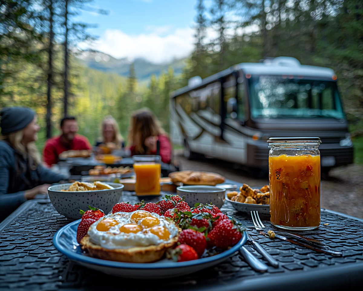 Family having breakfast by RV in forest