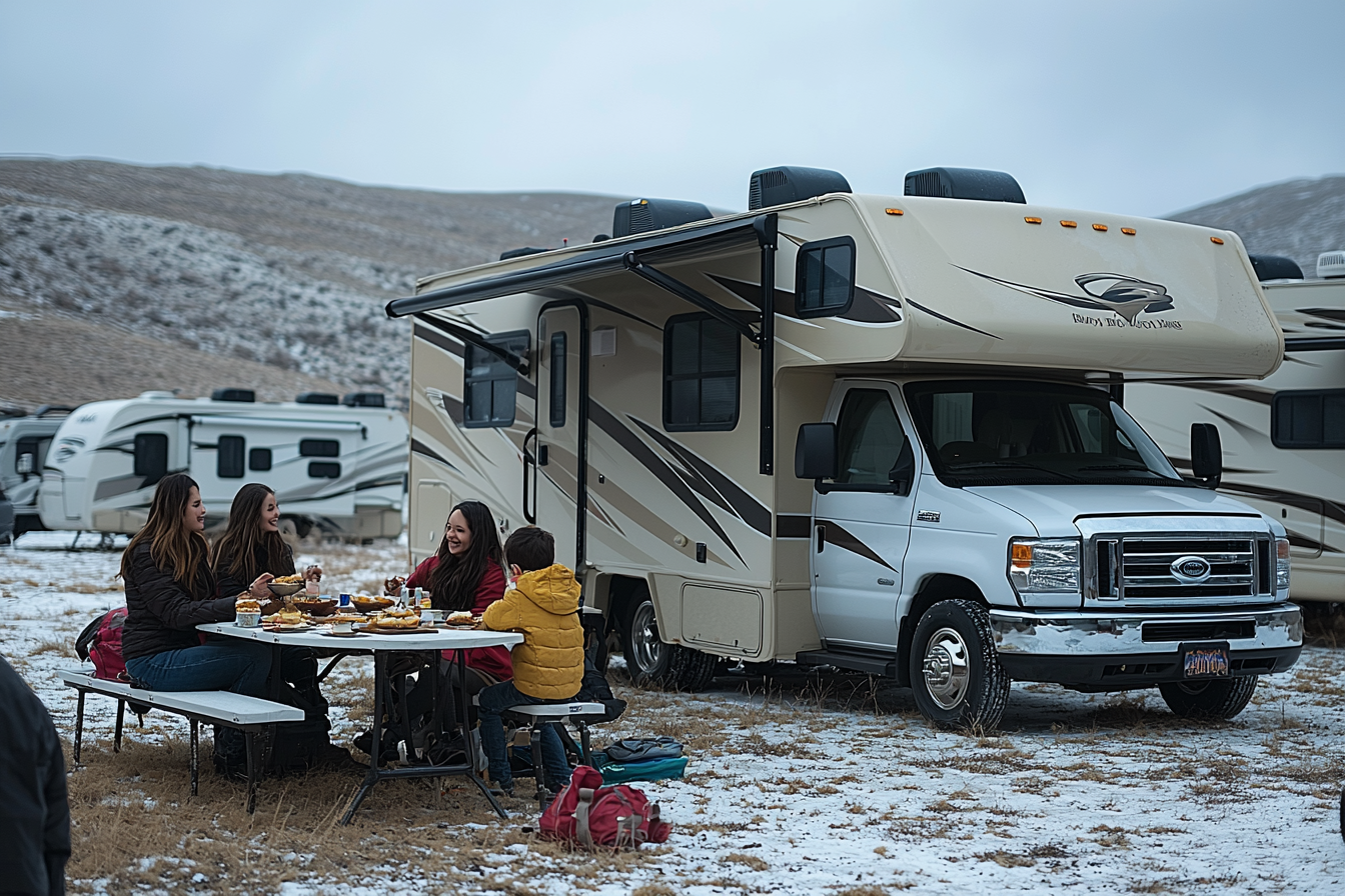 Family having breakfast in front of RV at 10am.