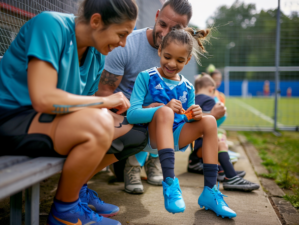 Family moments: Parents helping child wear football boots