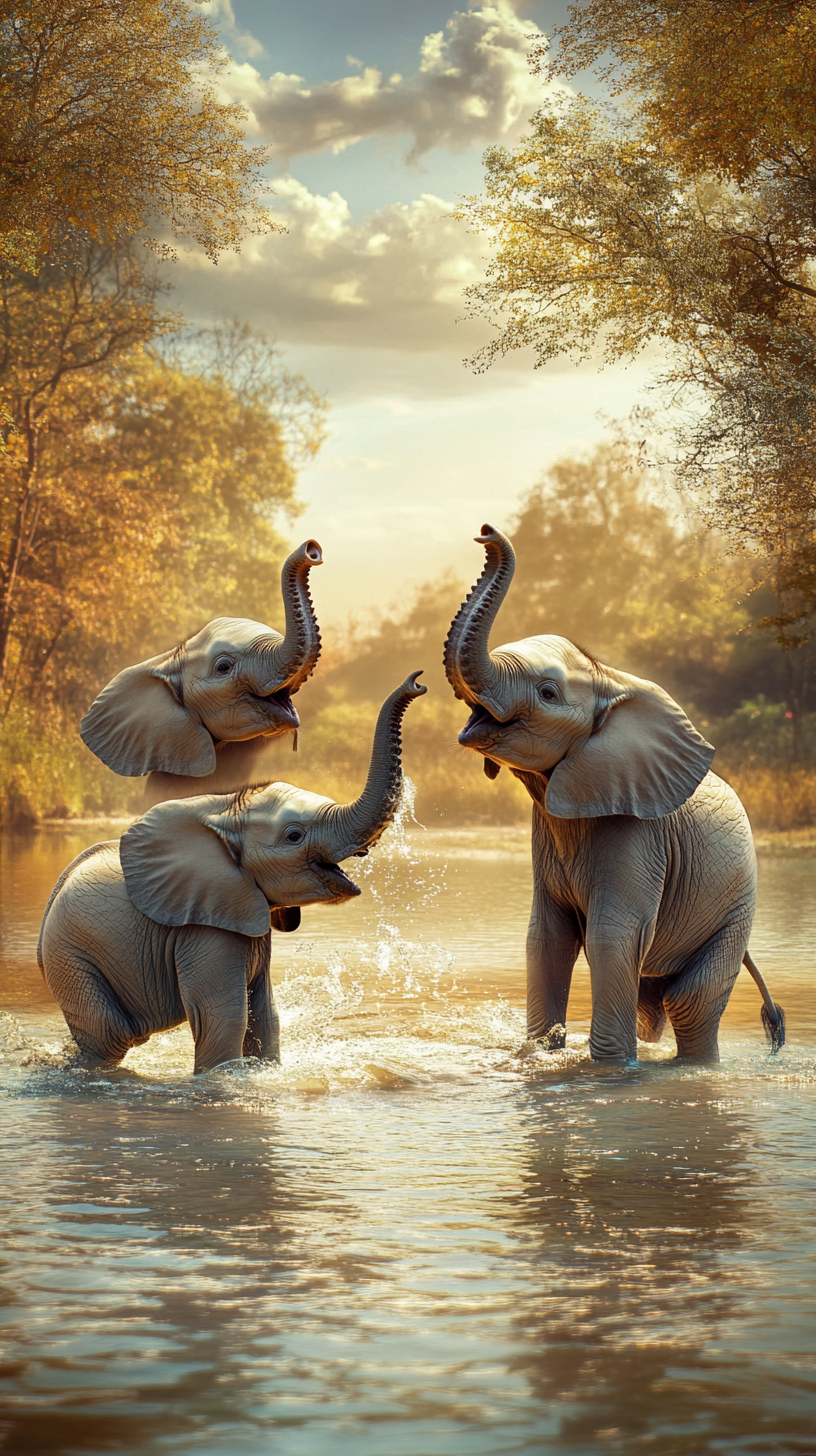 Family of Elephants Playing in African Lake