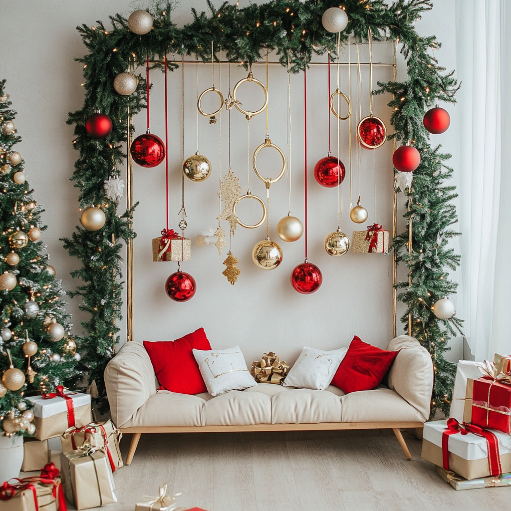 Family photo zone with fir branches and gifts