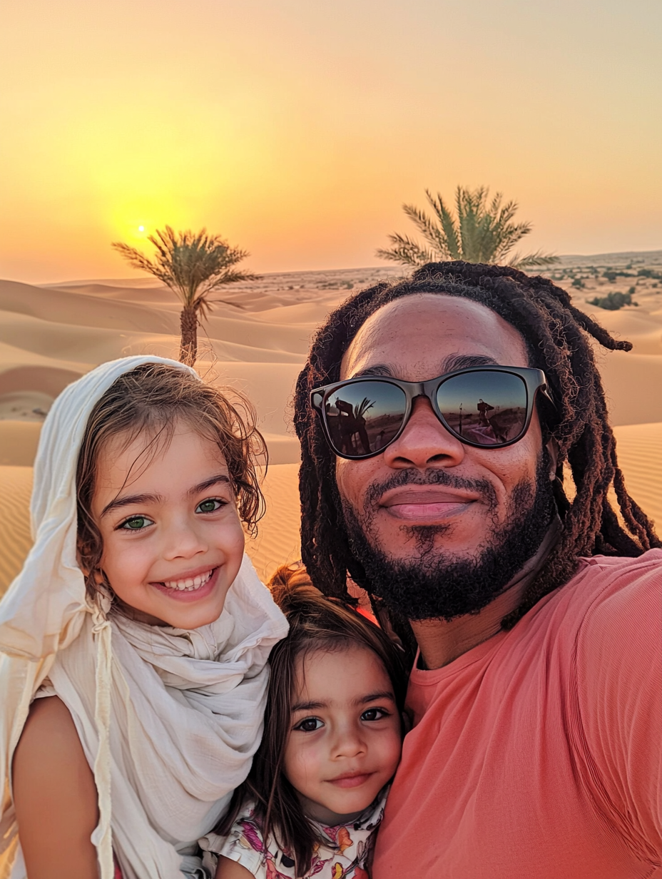 Family portrait in Dubai desert at sunset