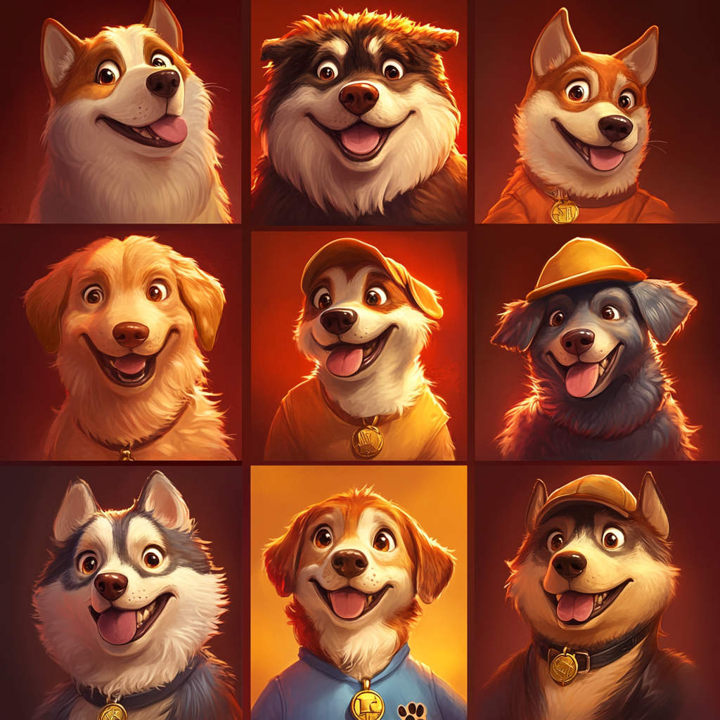 Famous meme dogs in cozy, vibrant collage reunion.