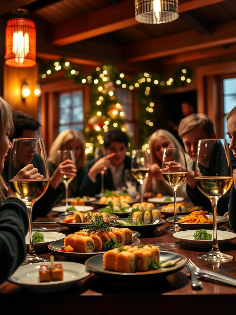 Fancy Christmas party with sushi and wine glasses.