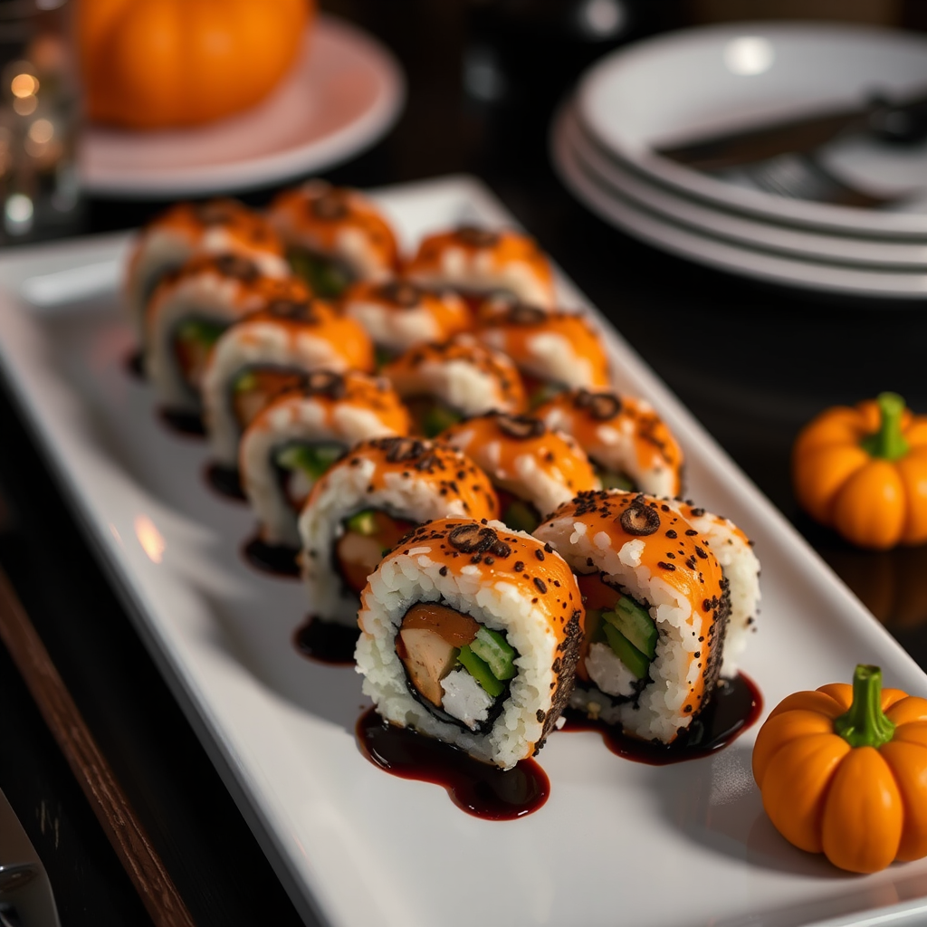 Fancy Halloween sushi rolls with cute pumpkins