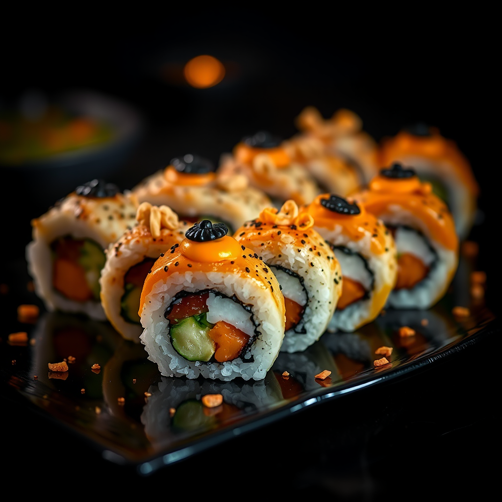 Fancy Halloween-themed sushi rolls in dim lighting.