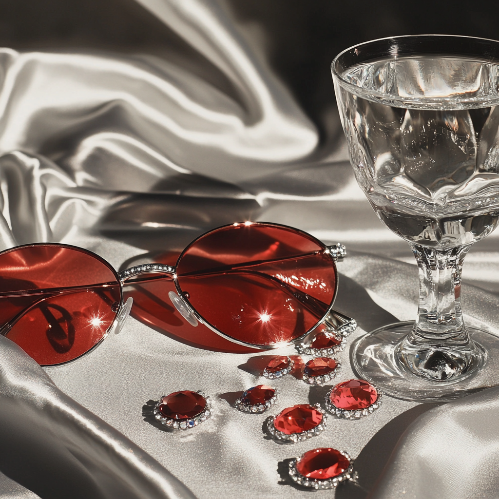 Fancy red eye glasses on shiny table with rhinestones