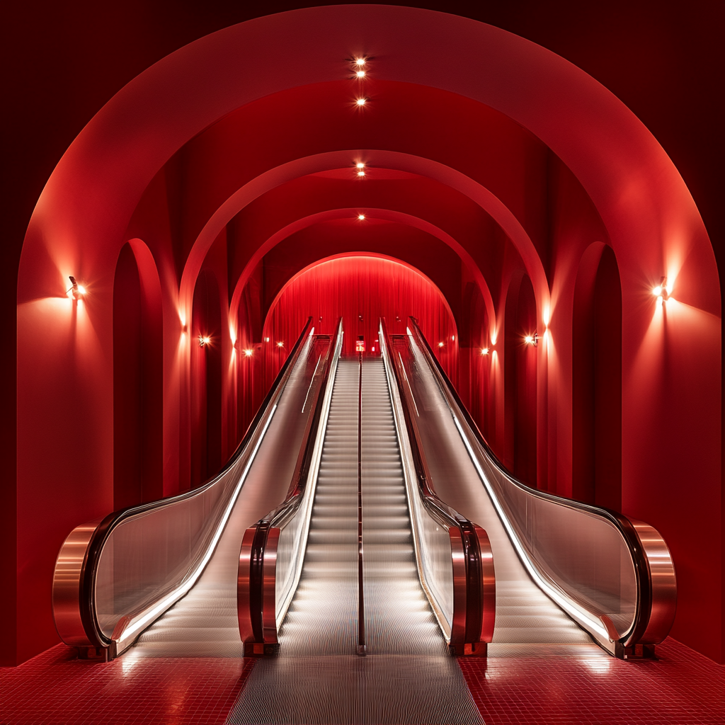 Fancy silver escalator in red room with spotlights