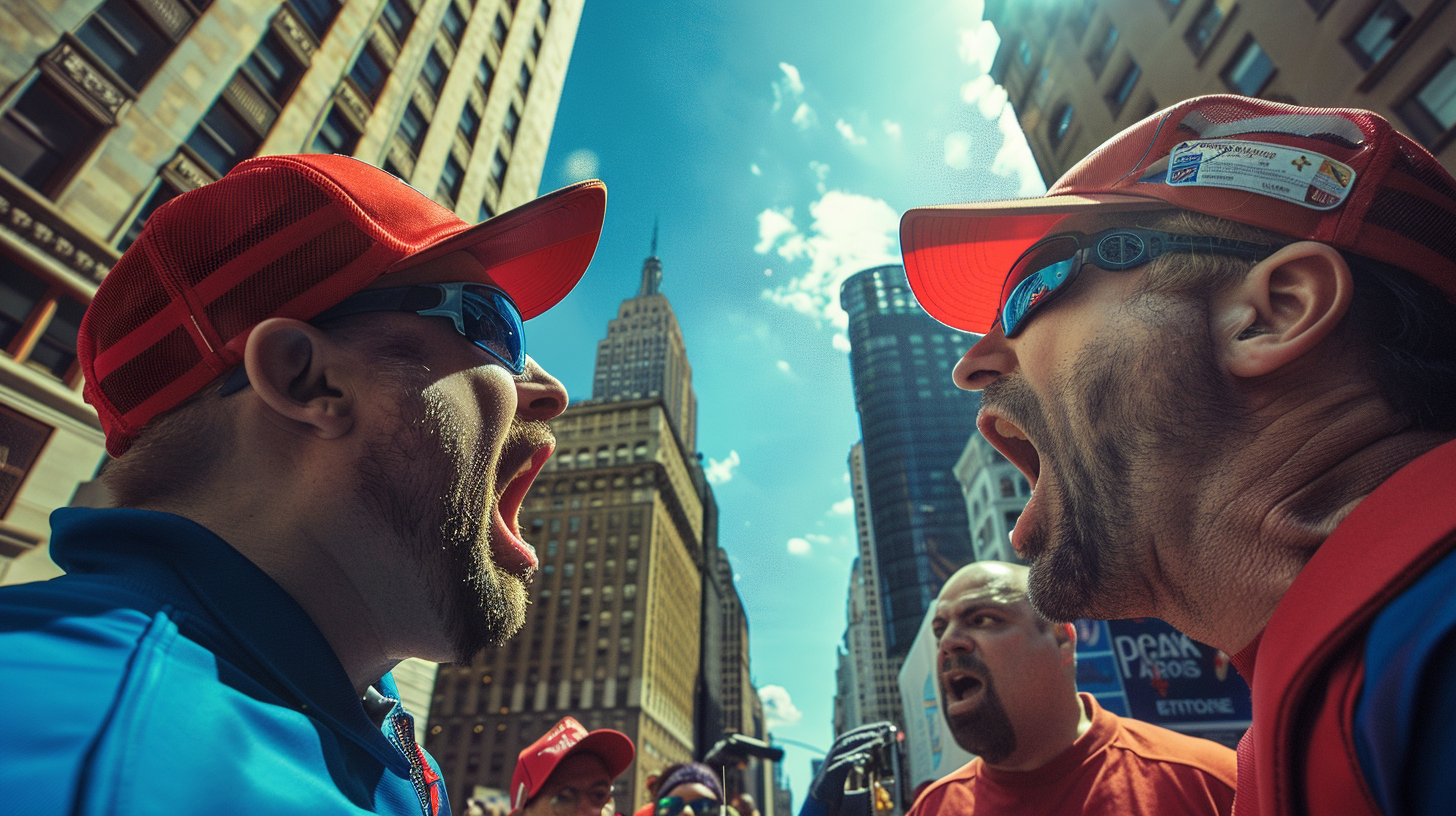 Fans In Blue And Red Uniforms Argue