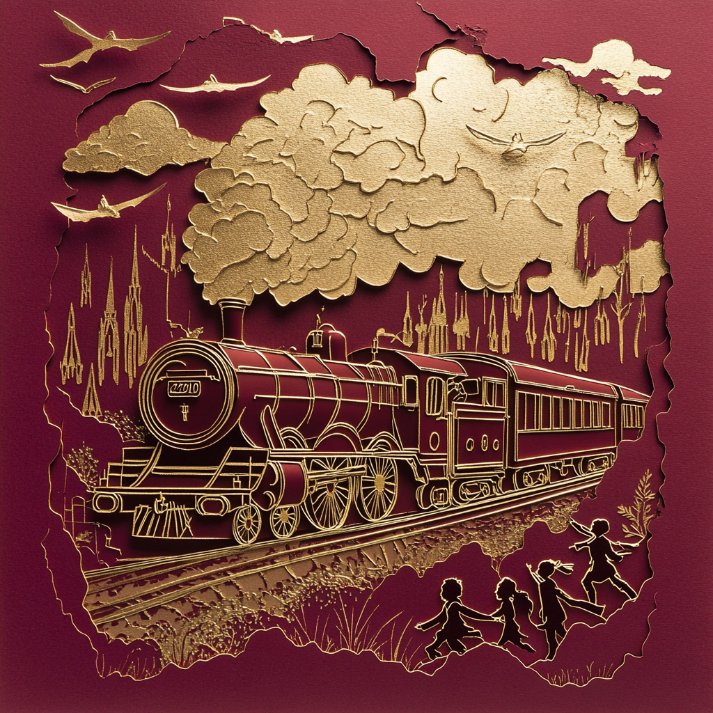 Fantasy Hogwarts Express train scene with gold accents.