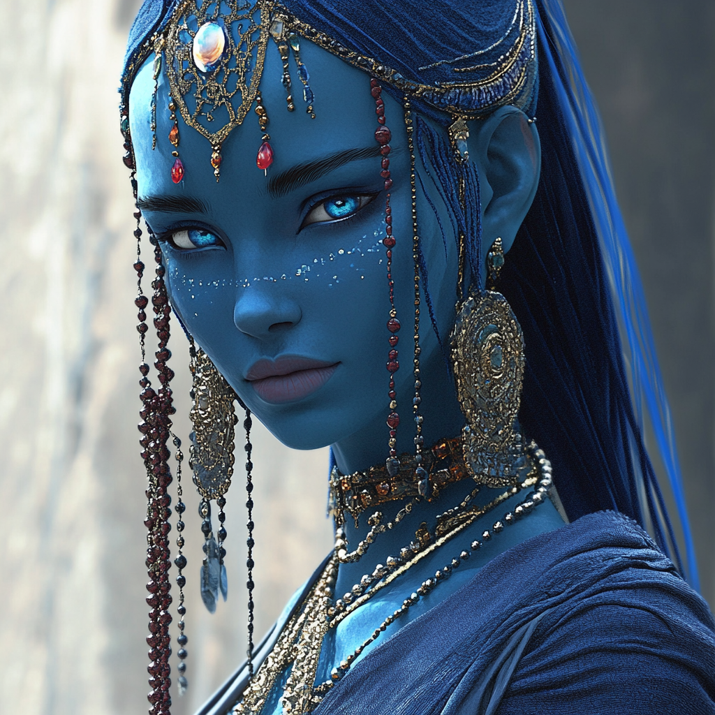 Fantasy Water Genasi Courtesan in Blue Attire