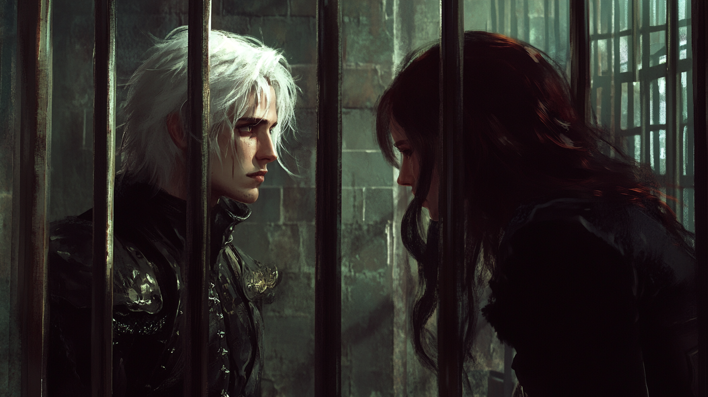 Fantasy art of woman and man in prison.