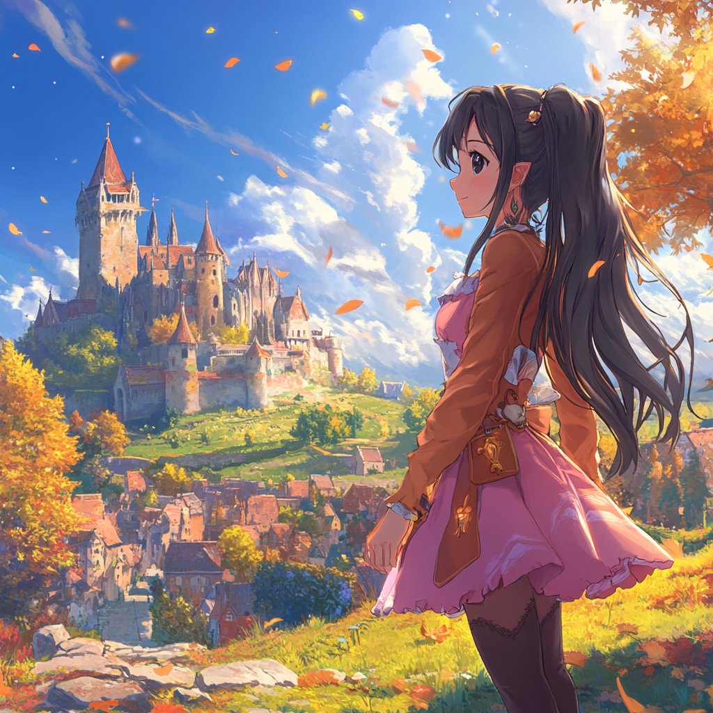 Fantasy girl with long hair in castle town