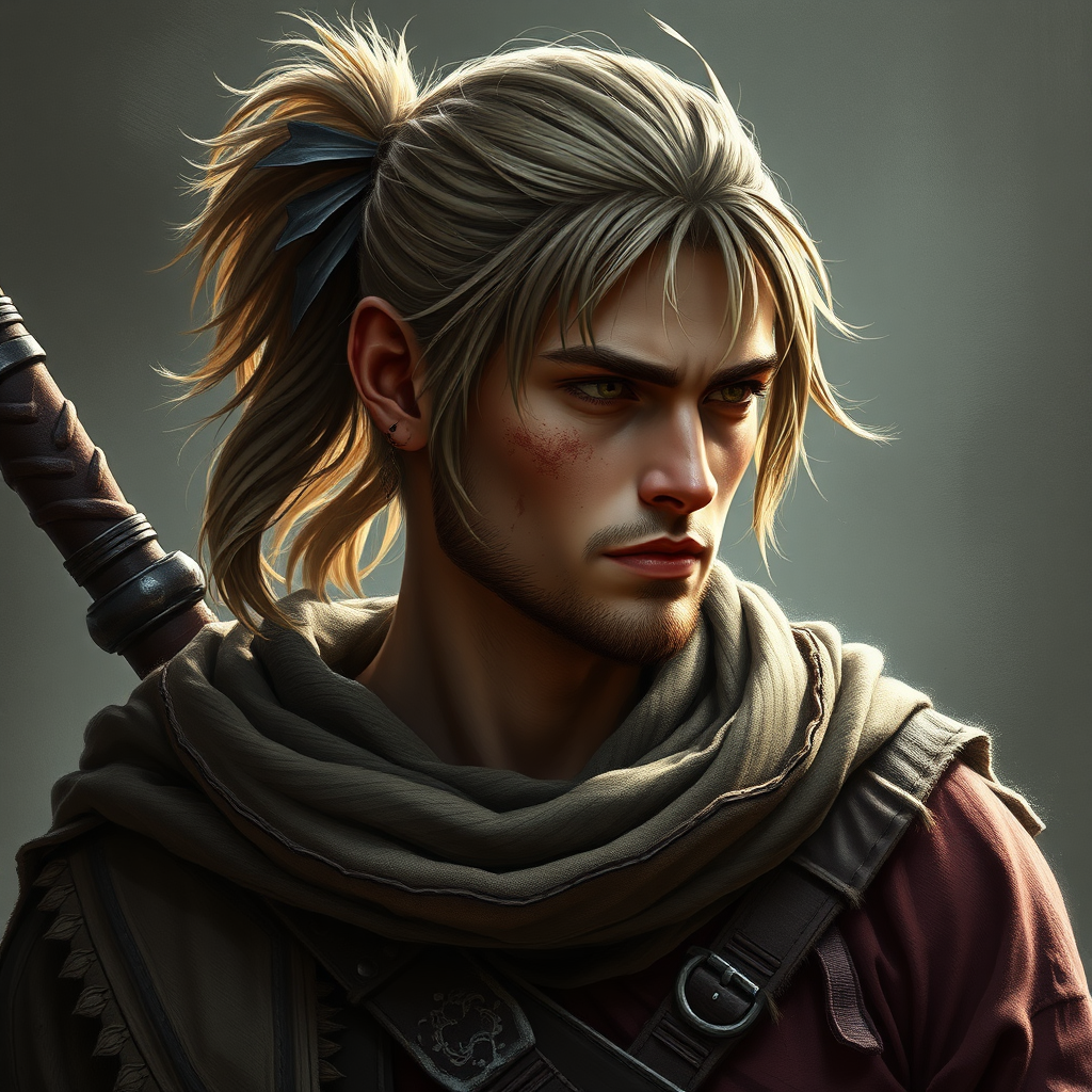 Fantasy male half-elf ranger rogue with ponytail.