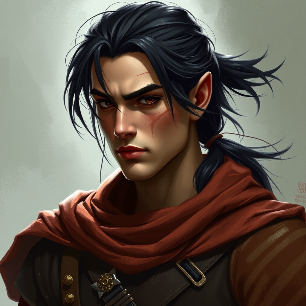 Fantasy male ranger with half-elf features and ponytail.