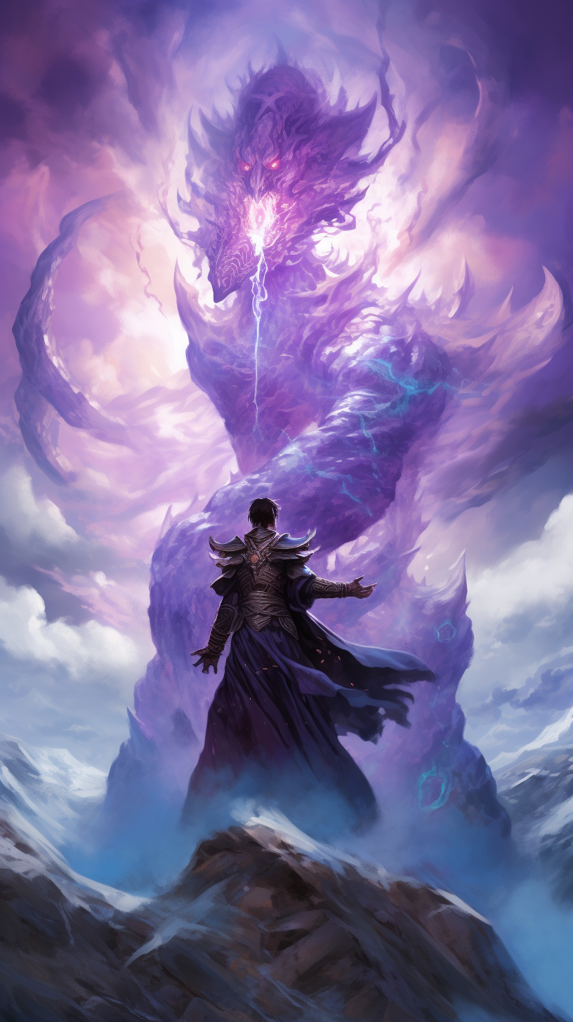 Fantasy monk with ice power, glowing eyes on mountaintop.