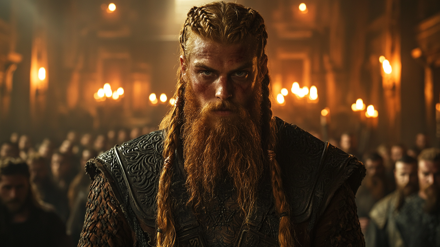 Fantasy movie still: tall viking hunter in crowd.