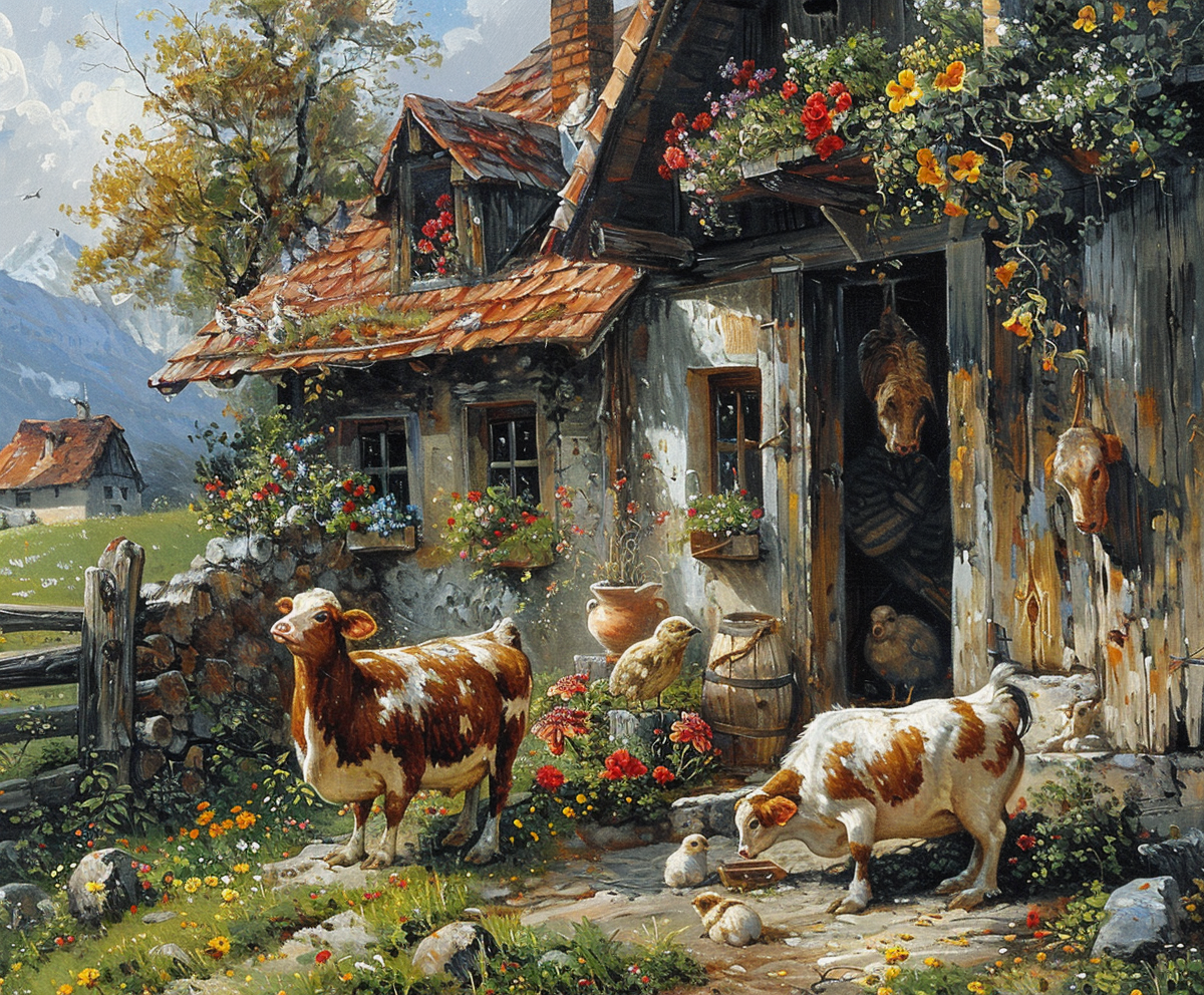 Farm with animals in painting: cow, pig, chicken