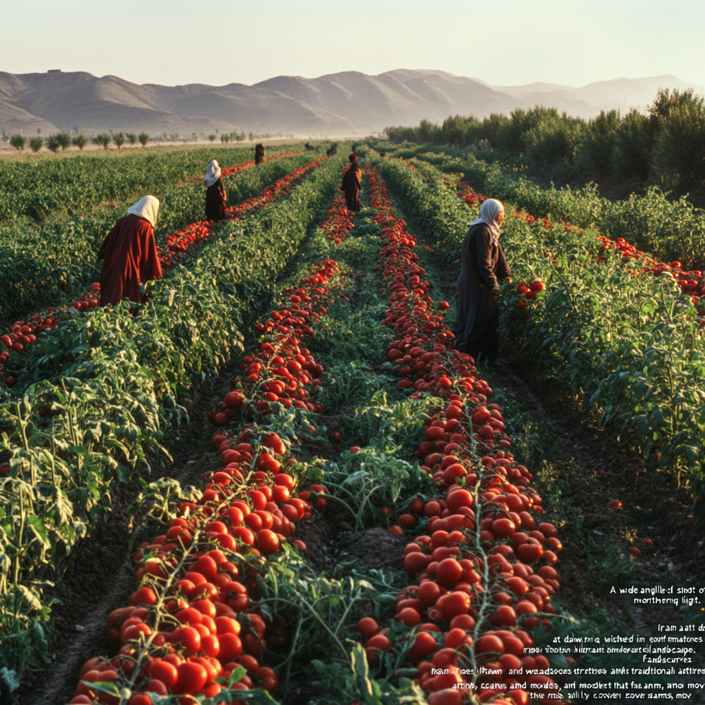 Farmers in Iran picking ripe red tomatoes at dawn