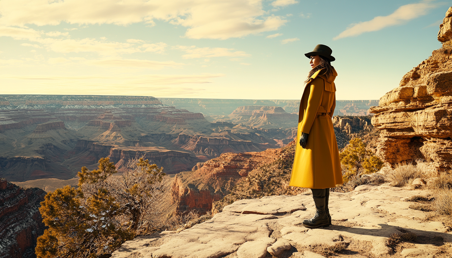 Fashion shoot: Female lawyer in winter coat at Grand Canyon