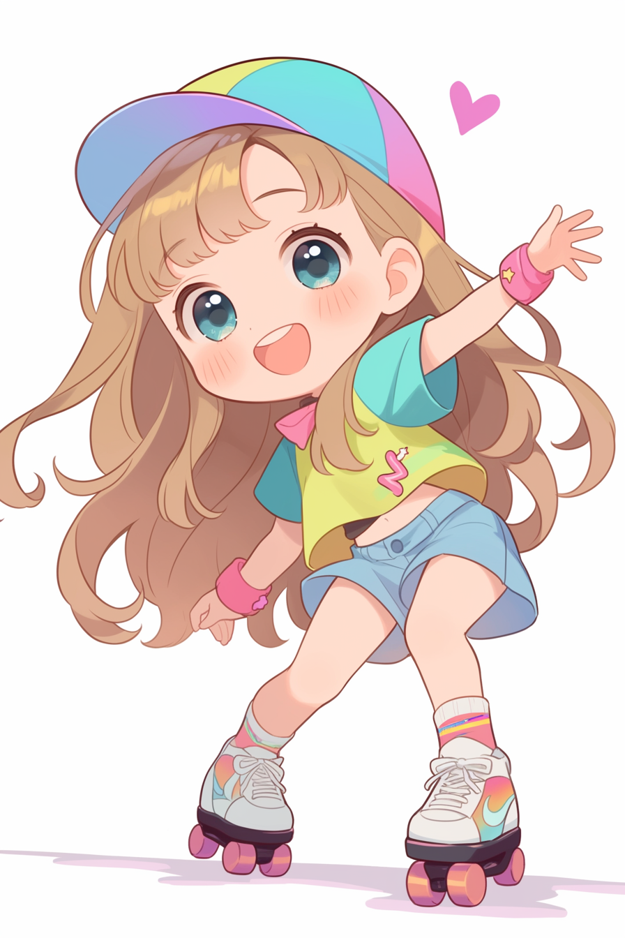 Fashionable Roller Skating Girl Poses in Kawaii Style