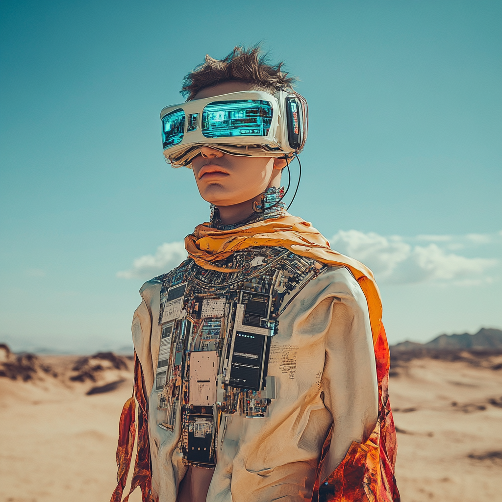 Fashionable man model on desert planet in electronics outfit.