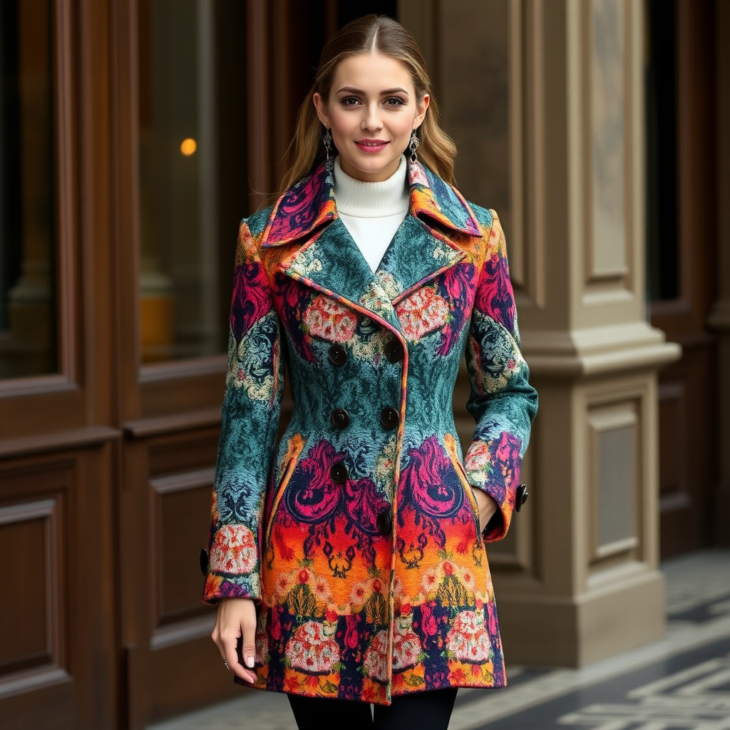 Fashionable multicolored coat for women in 2050.