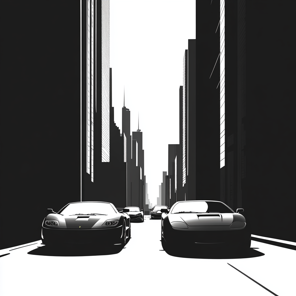 Fast cars racing in city street, vector illustration