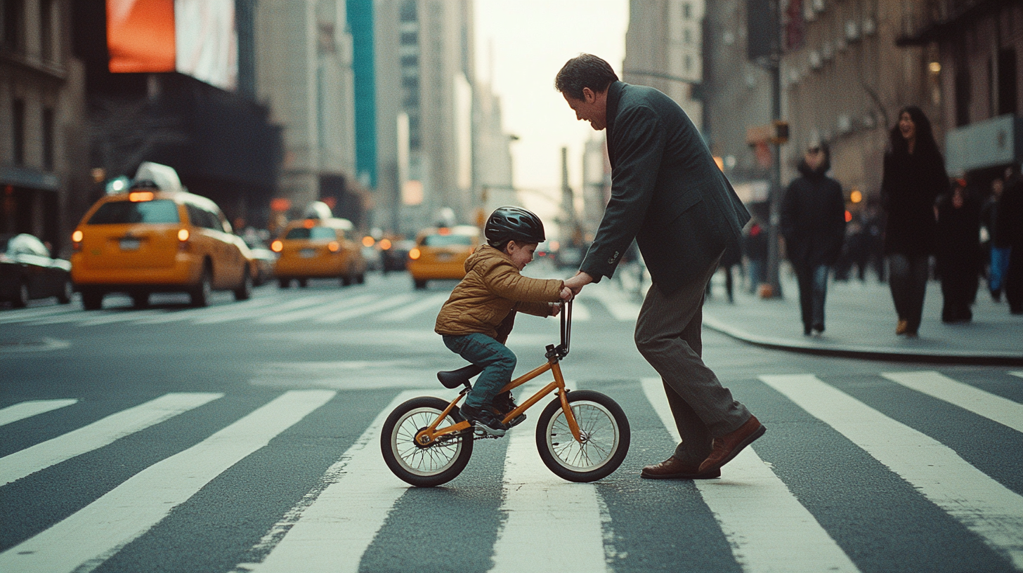 Father Proudly Guides Son's First Bike Ride