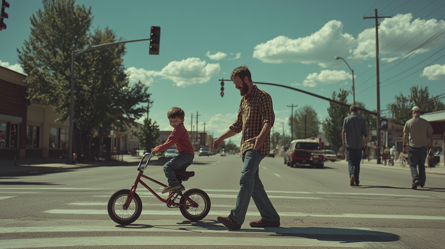 Father Proudly Watches Son's First Bike Ride