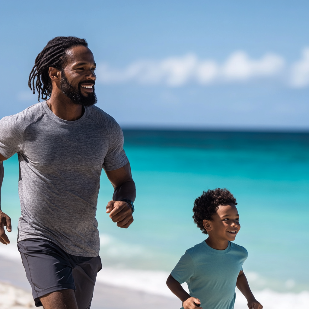 Father and Son's Run on Stunning Caribbean Beach