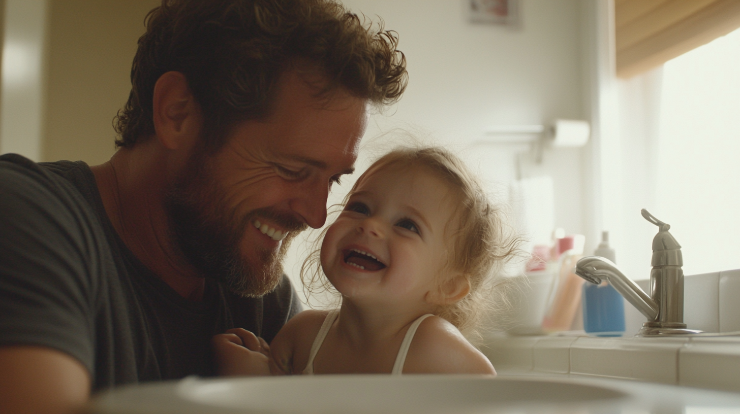 Father and daughter share tender bathroom moment