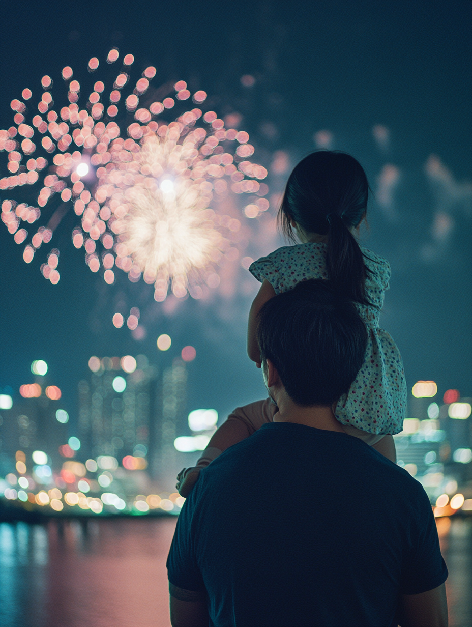 Father and daughter watch fireworks in Tokyo