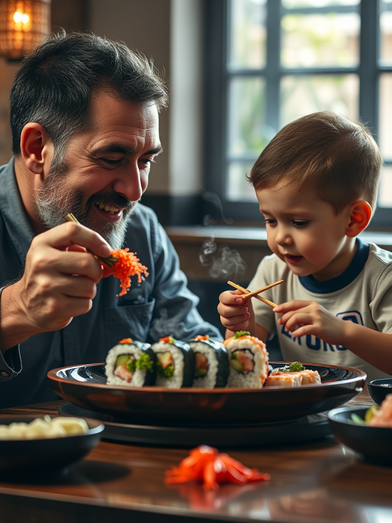 Father and son eating sushi on Father's Day.