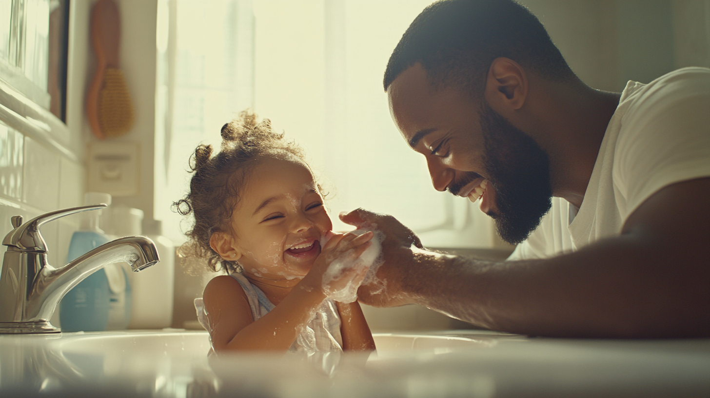 Father comforting daughter with joyful expressions in bathroom