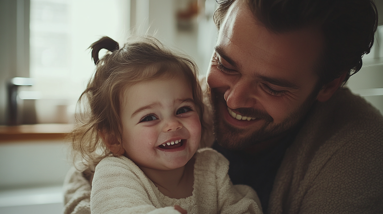 Father comforts daughter, wiping tears in cozy bathroom