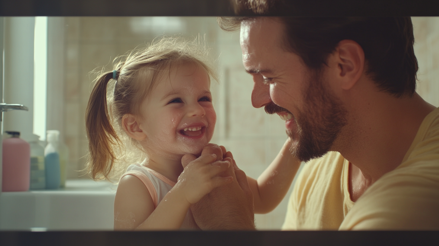 Father comforts daughter in cozy bathroom moment