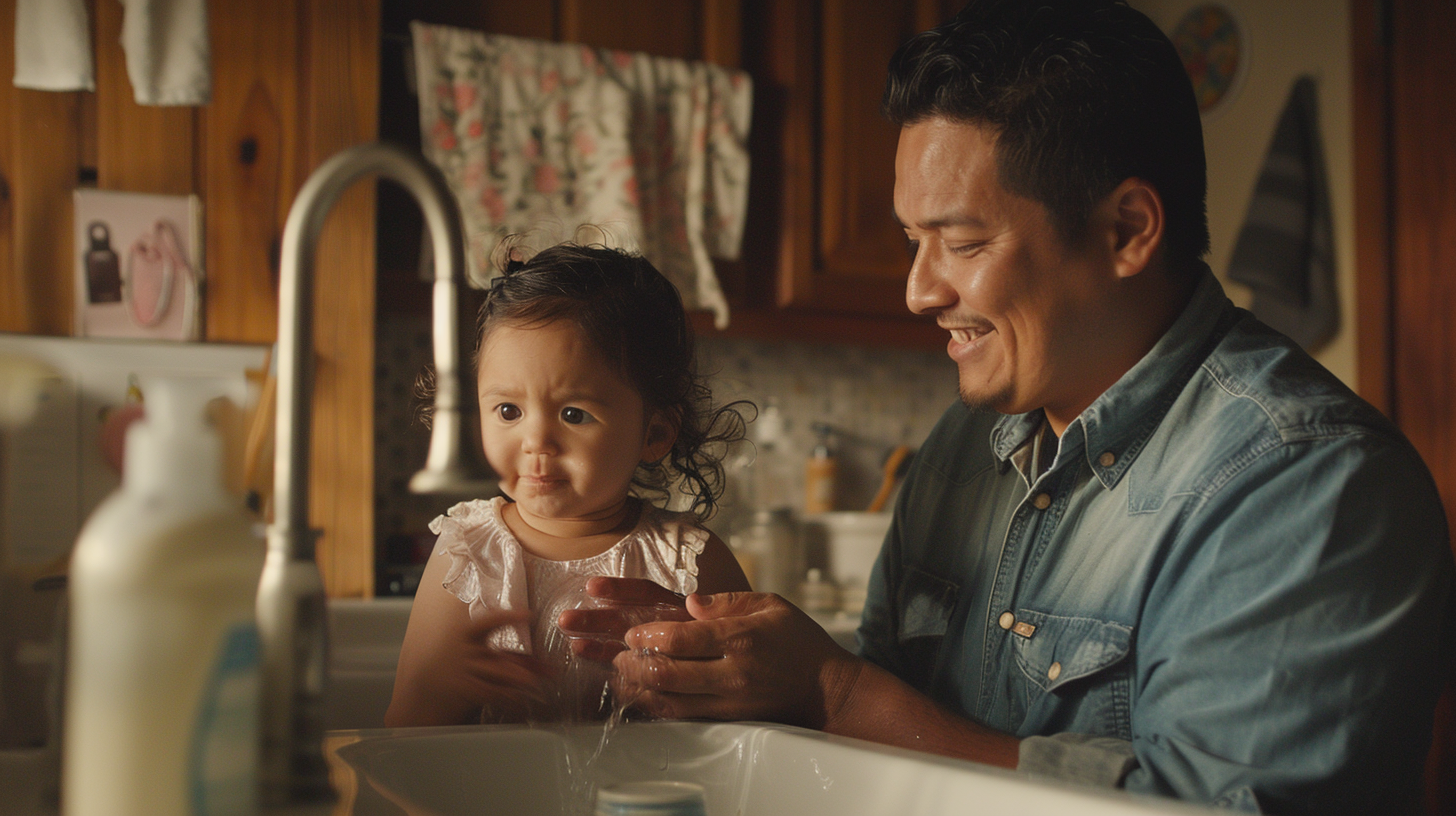 Father wipes daughter's tears in cozy bathroom scene